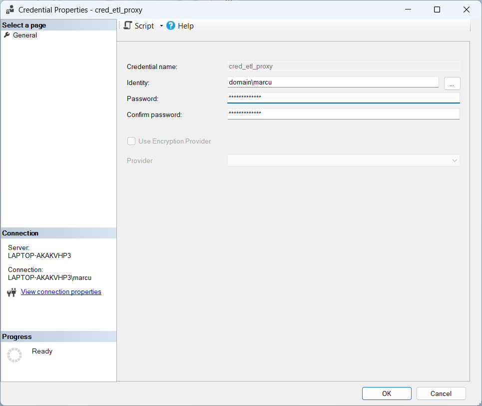 SSMS Object Explorer at Security → Credentials, with the newly created credential cred_etl_proxy visible as a list entry.