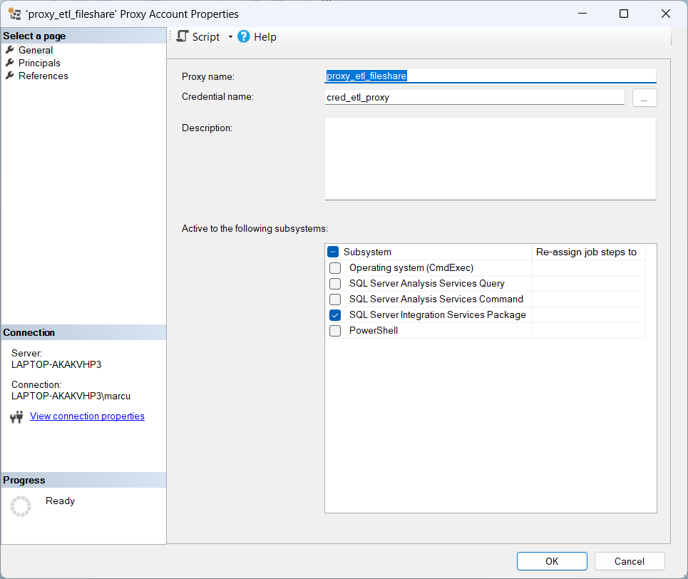[SSMS Object Explorer at SQL Server Agent → Proxies → SSIS Package Execution, with the newly created proxy proxy_etl_fileshare visible as a list entry.