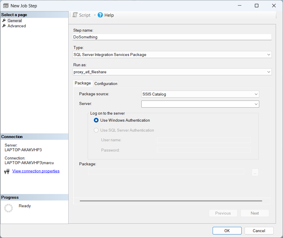 Job step properties dialog showing the activated Run As dropdown, proxy_etl_fileshare selected, step type SQL Server Integration Services Package.