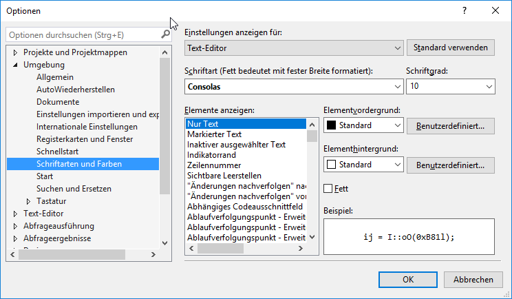 SSMS-Optionsdialog unter Umgebung, Schriftarten und Farben, in dem die Editor-Schriftart eingestellt wird.