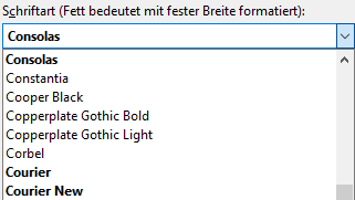 Schriftarten-Auswahlliste in SSMS: monospaced Schriftarten sind fett hervorgehoben.
