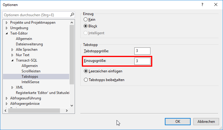 SSMS-Optionsdialog unter Text-Editor, Transact-SQL, Tabstopps, in dem Tab-Weite und Einrückungsgröße eingestellt werden.