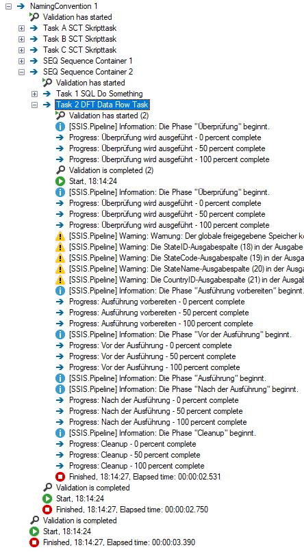 Reiter Progress in Visual Studio: Die Tasks sind alphabetisch nach Namen sortiert, nicht in der Reihenfolge ihrer Ausführung.
