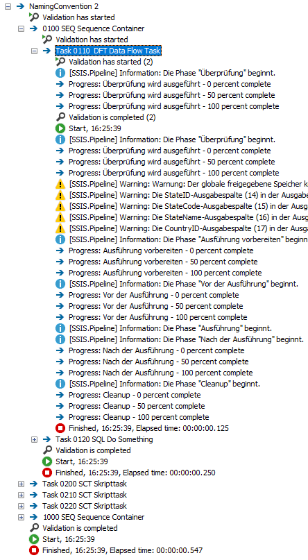 Ausführungsprotokoll nach Einführung der Nummerierung: Die Tasks erscheinen jetzt in Ausführungsreihenfolge und sind lesbar.